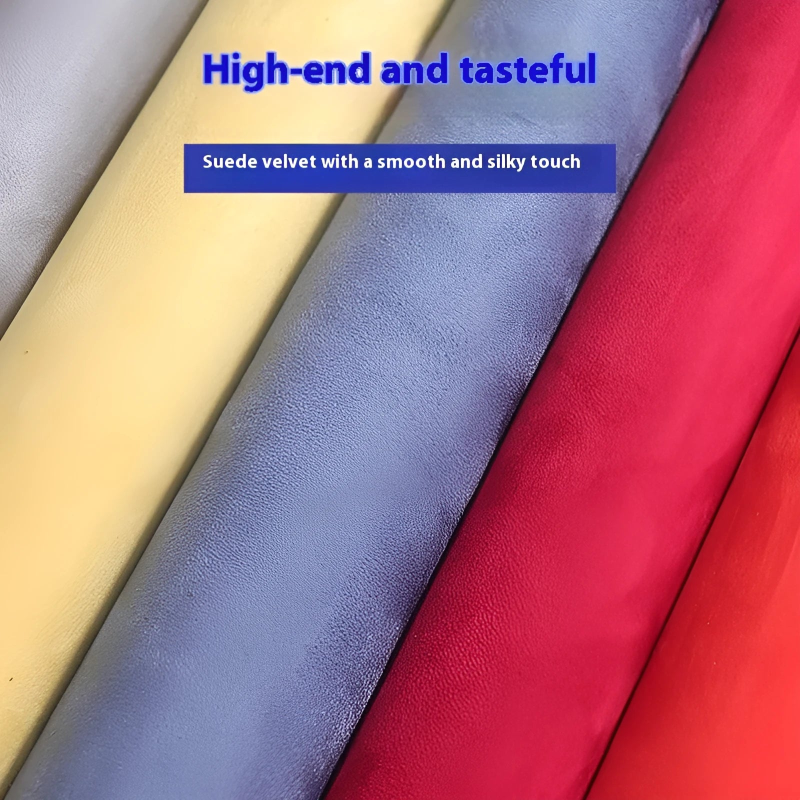 Self-adhesive leather suede sheet in multiple colour swatches showing Black, Brown, Blue, and Red options.