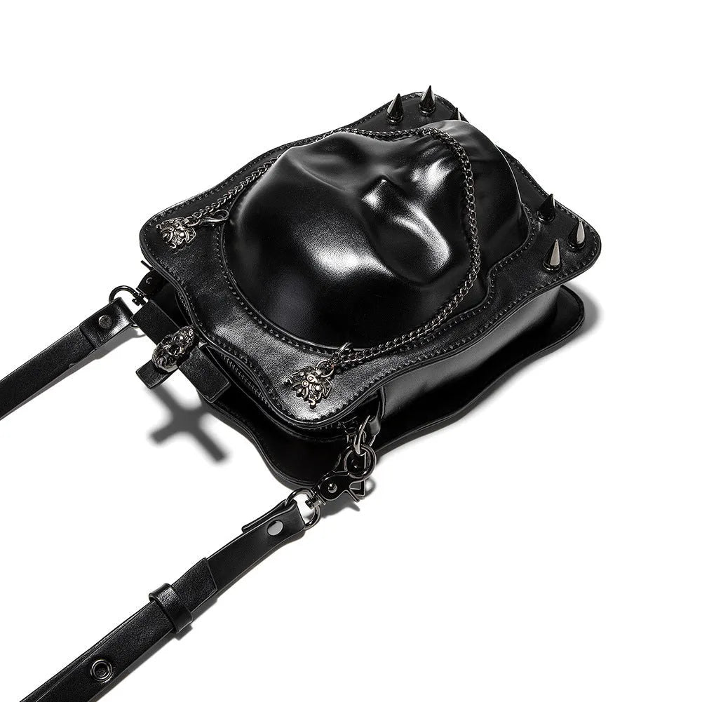 Black mini square crossbody bag with Halloween skull embossed design and chain accents