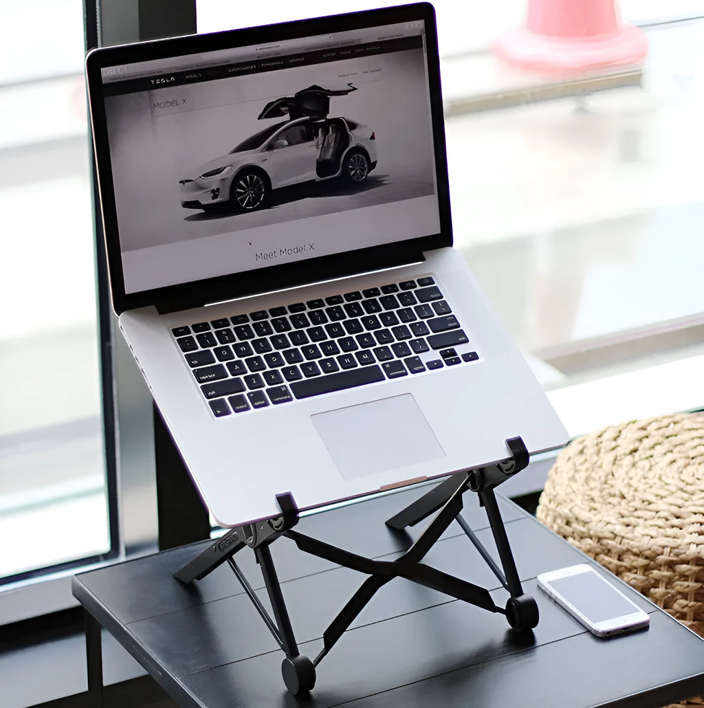 Black folding laptop stand with 360° rotating base shown in open and closed positions
