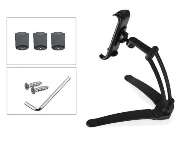 Silver aluminium alloy tablet stand holding a tablet, showing its 360-degree adjustable hinge and chuck system.