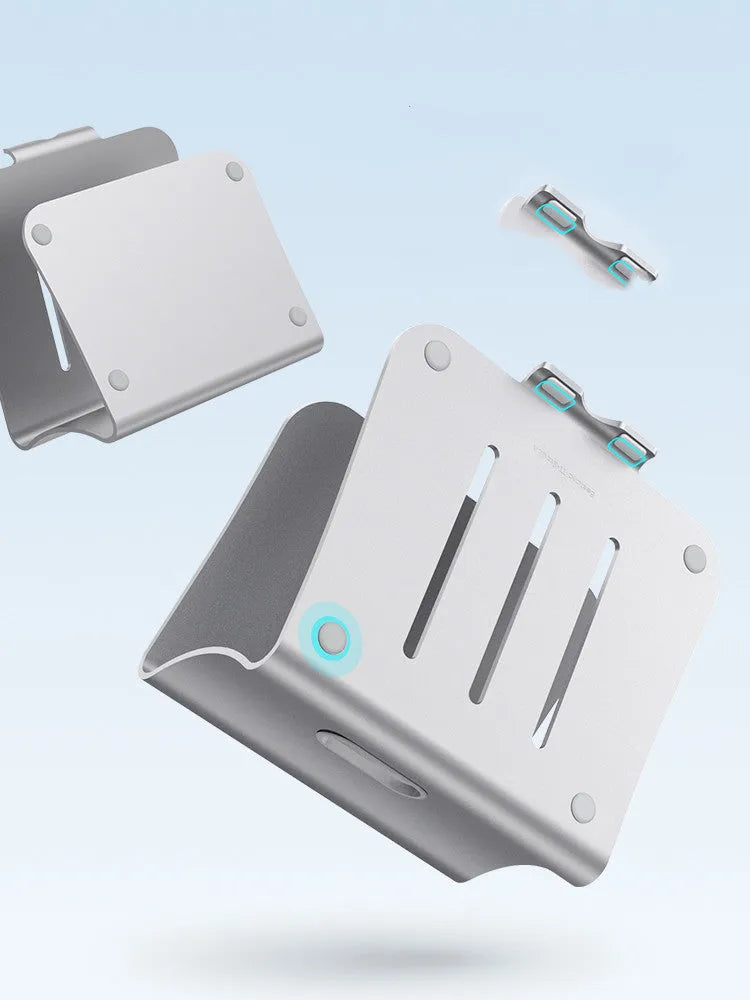 Aluminium laptop cooling bracket in silver colour with rotating base design.