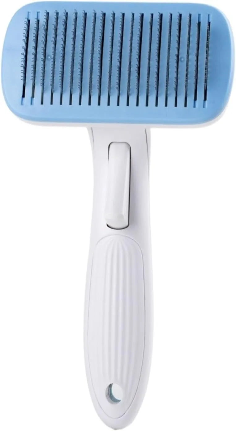 Automatic pet hair removal comb with needle design in blue, grey, green, and pink colour options