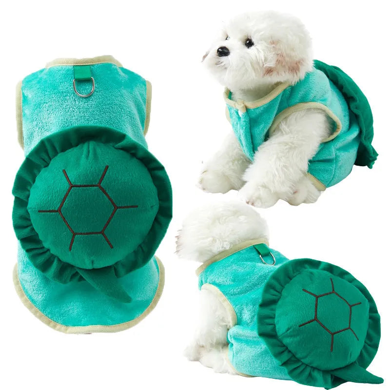 Green flannel pet clothing with cute turtle design on a light background, available in multiple sizes