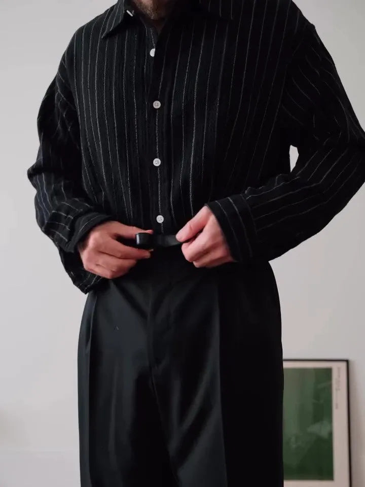 Black pinstriped button-down polyester shirt with regular fit for daily wear