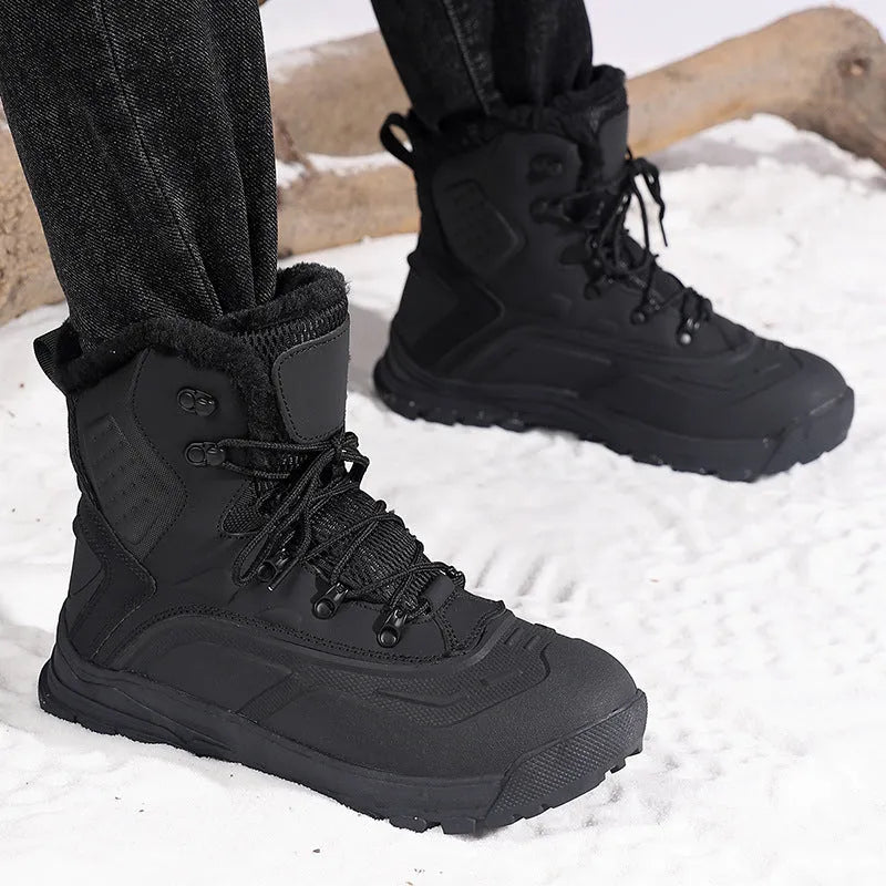 Men's black high-top lace-up boots with fleece lining, shown on a flat heel with a ribbed TPR sole.