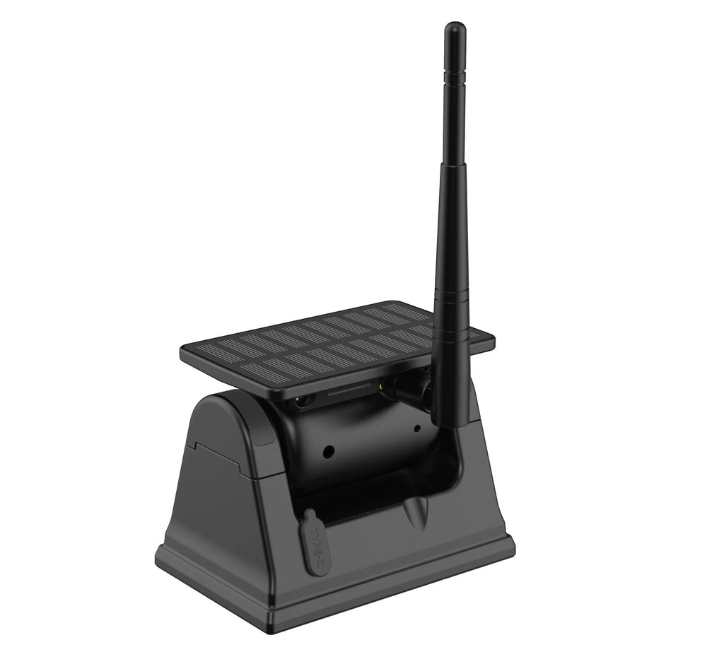 Solar-powered wireless reversing camera with magnetic mount showing aluminium alloy housing and adjustable angle mechanism