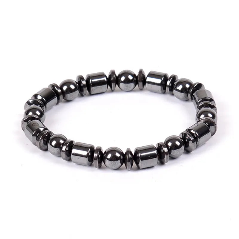 Black pentagram magnetic therapy bracelet with magnetite and hematite beads on wrist