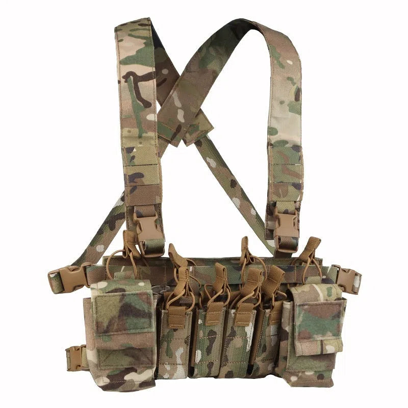 Camouflage nylon expandable chest harness with accessory storage pouch for shooting sports