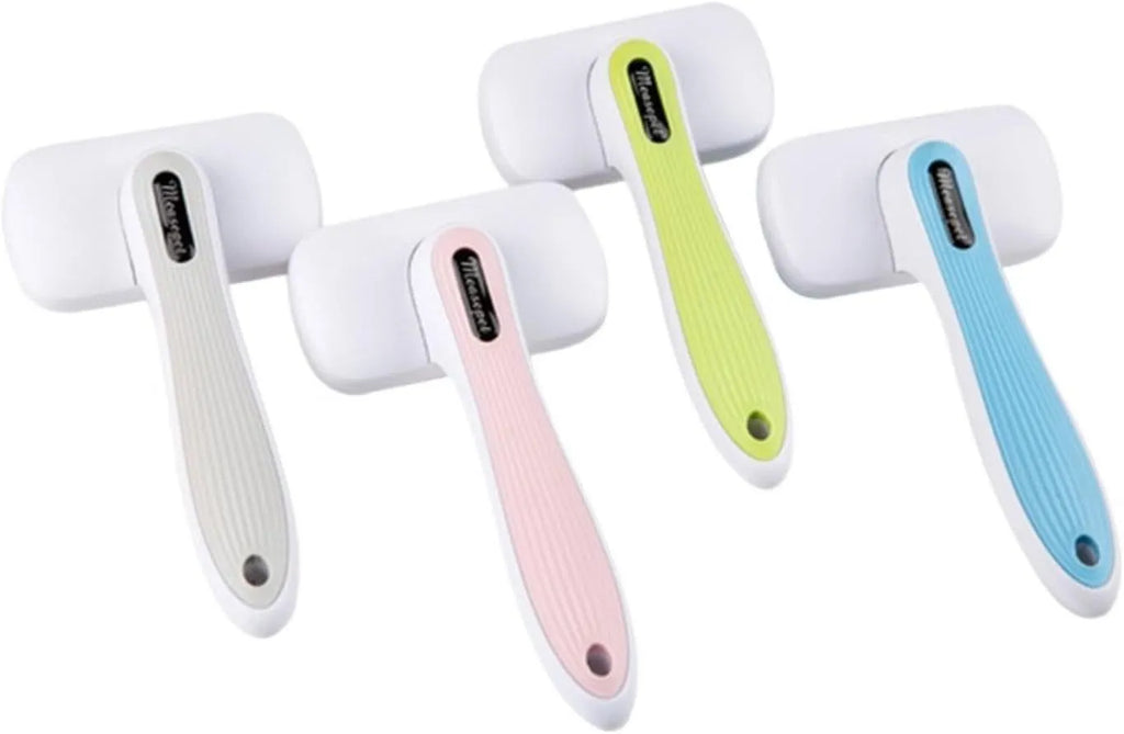 Automatic pet hair removal comb with needle design in blue, grey, green, and pink colour options