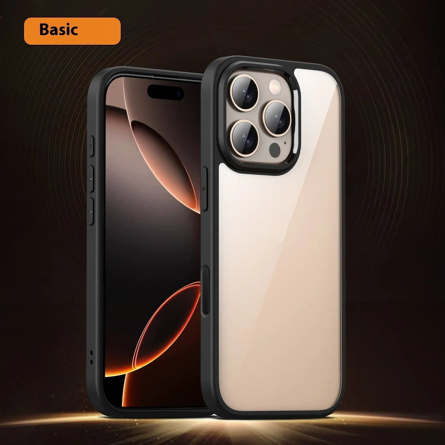 Black transparent magnetic protective case for iPhone 16 models with airbag technology.