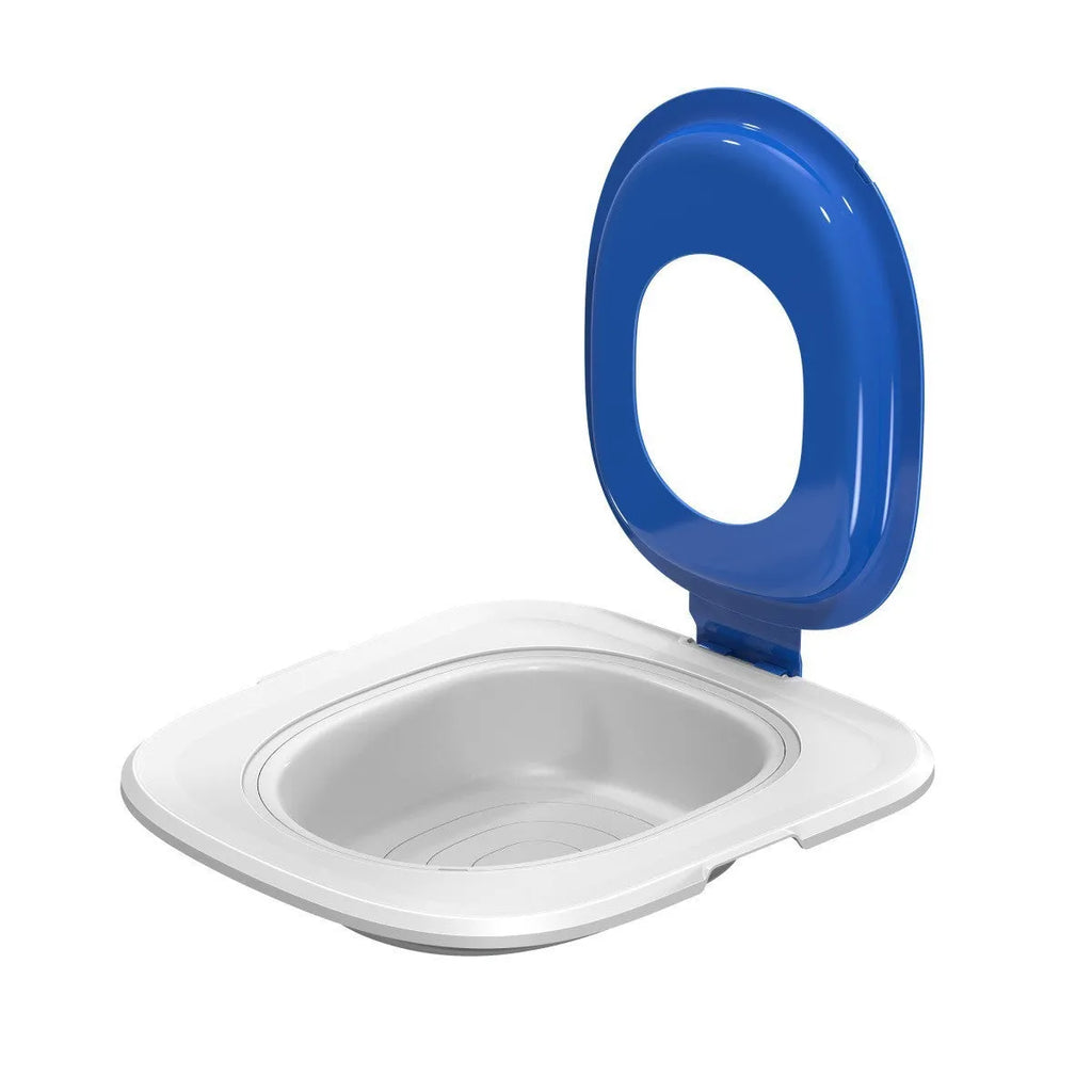 Fifth generation grey cat toilet trainer with matching litter mat on floor.