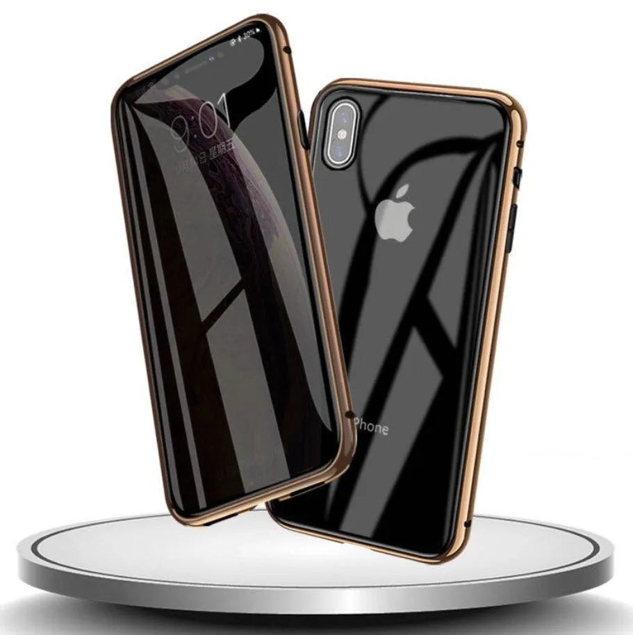 Geometric design aluminium clamshell phone case for iPhone with RFID blocking glass front in six colour options.