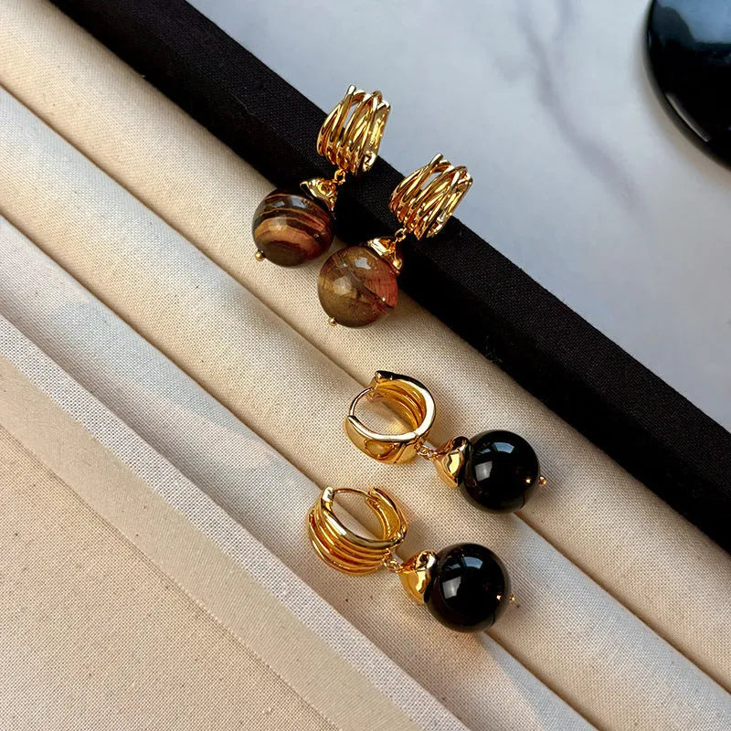 Geometric Tigereye stone earrings with gold plating in brown and black colour options