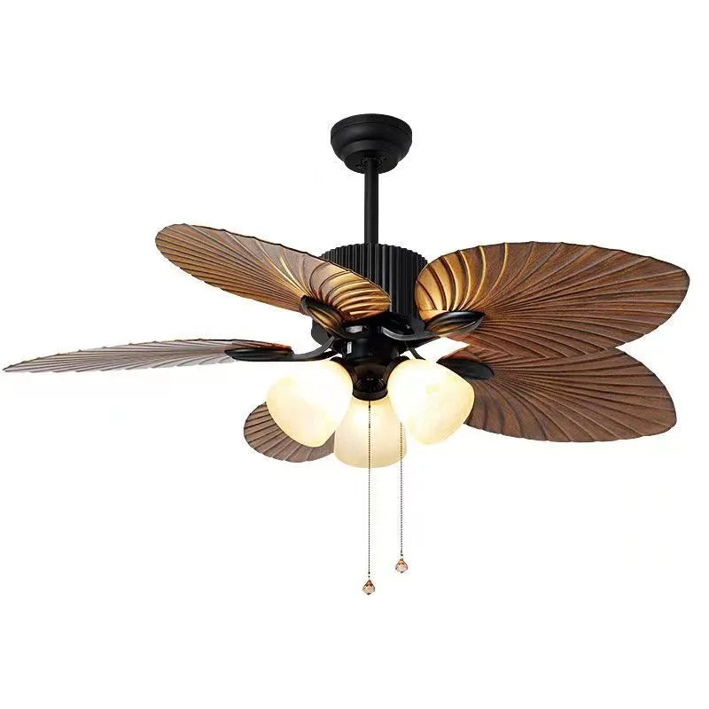 Retro-style ceiling fan light with wooden blades and integrated lighting fixtures