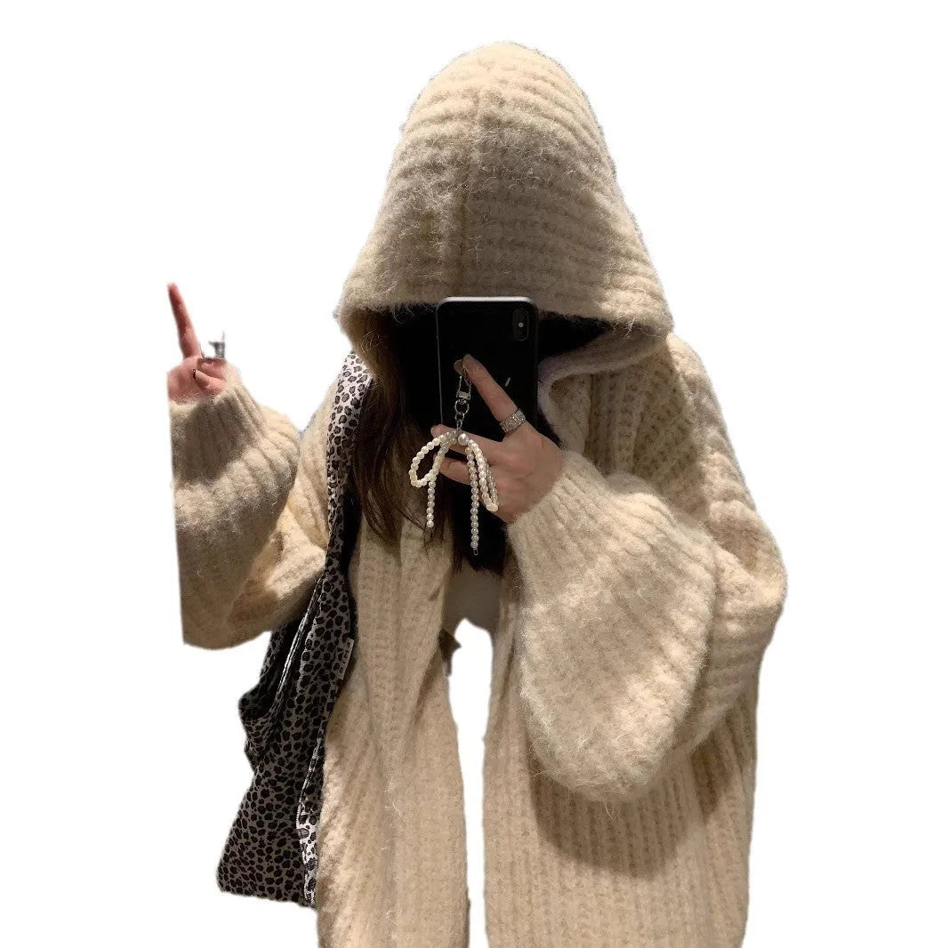 Women's retro Maillard style hooded cardigan sweater in loose fit, shown in dark grey.