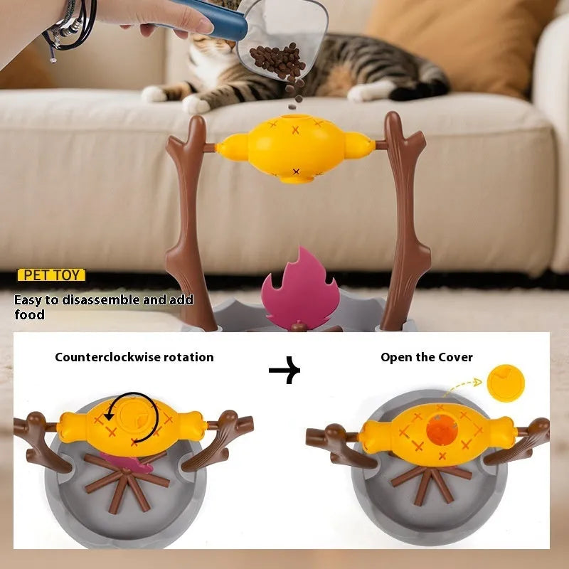 Barbecue themed plastic cat food tumbling feeder for interactive play and slow feeding
