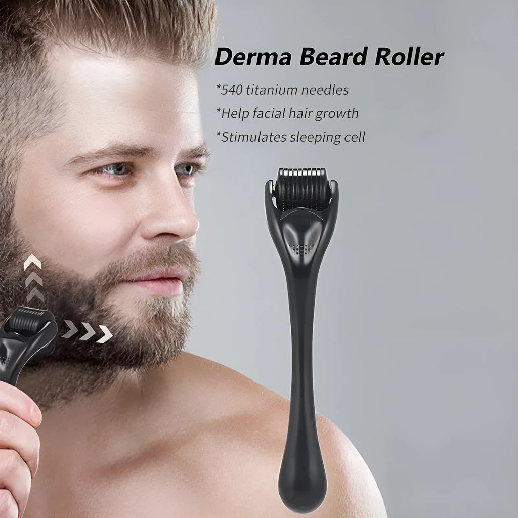 Black derma roller with titanium microneedles for facial, scalp, beard and body skincare