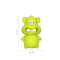 Green and yellow natural rubber chew toy for large breed aggressive dogs on a wooden floor.