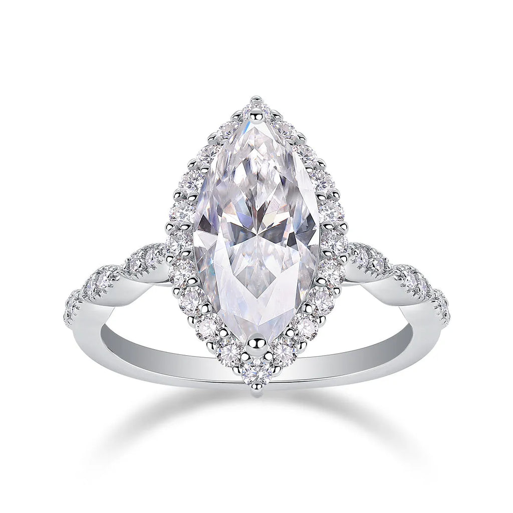Heartbeat Mirror moissanite wedding ring set S925 silver platinum-plated horse eye shape 7x14mm on display in gift box