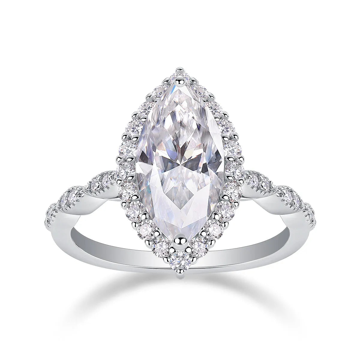 Heartbeat Mirror moissanite wedding ring set S925 silver platinum-plated horse eye shape 7x14mm on display in gift box