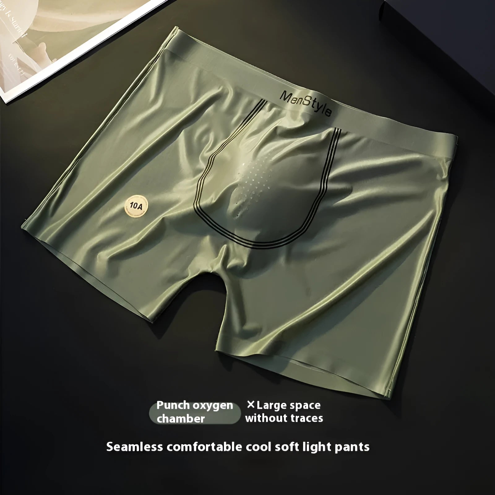 Satin ice silk seamless men's boxers in flesh color with mid waist elastic band