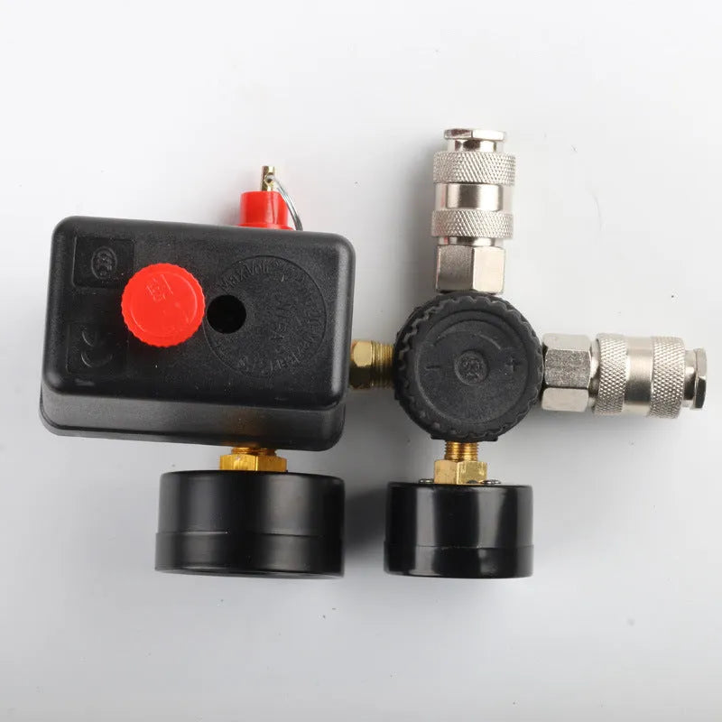Air compressor pressure regulating valve assembly with pressure gauge and electrical connections
