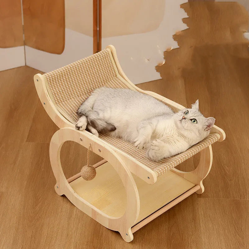 Solid wood cat bed recliner with integrated sisal scratching mat in walnut colour.