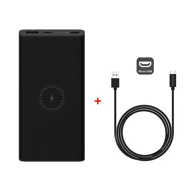 Black or white plastic 10000mAh power bank with wireless charging and USB Type-C port.