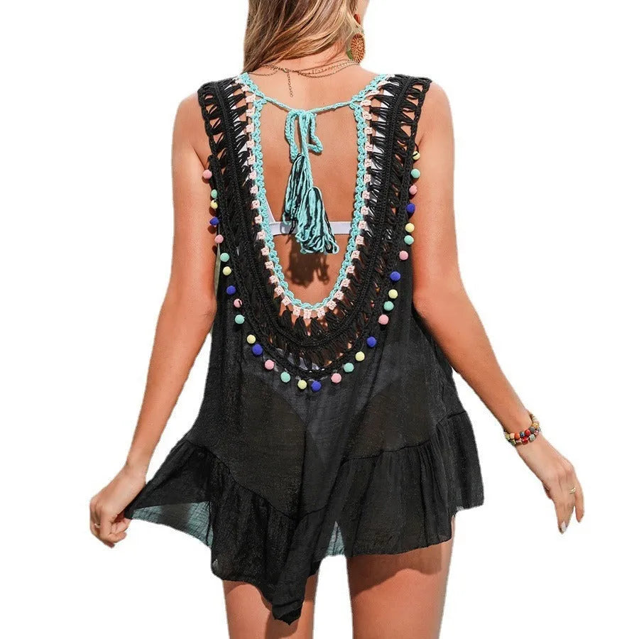 Black hand-crocheted acrylic beach cover-up for women with ruffled cut-out design