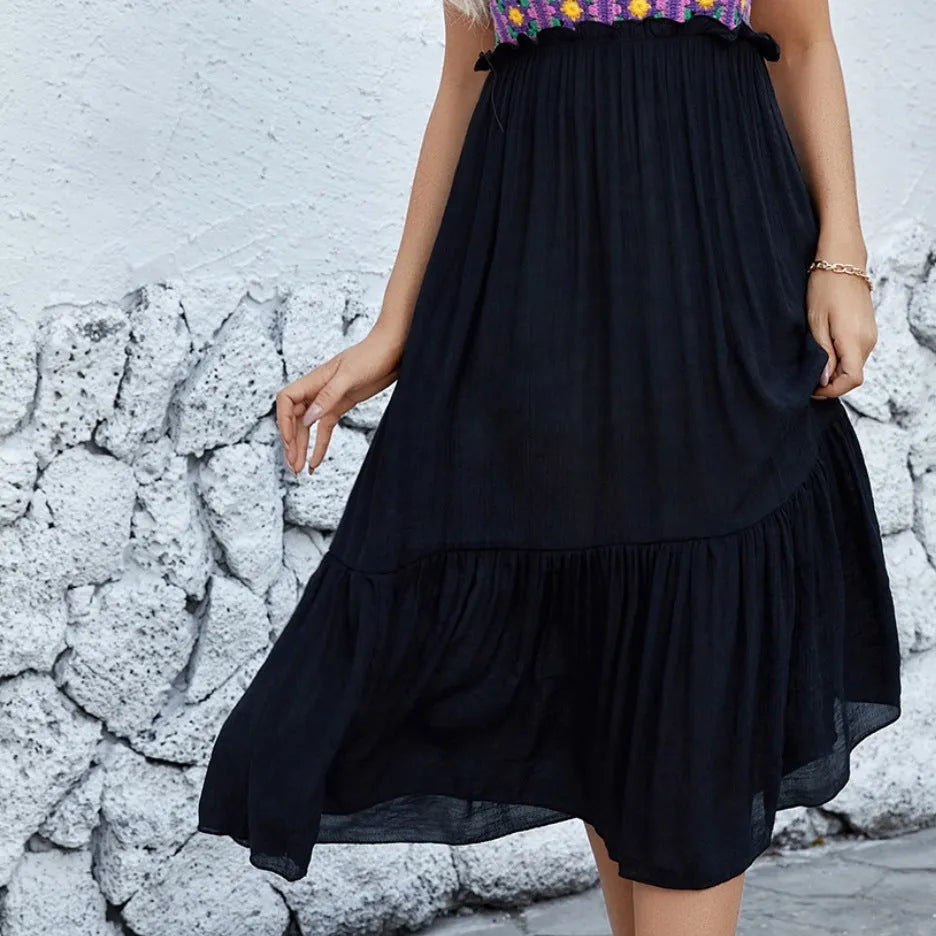 Purple hand hook flower stitching sleeveless dress with floral pattern and acrylic skirt