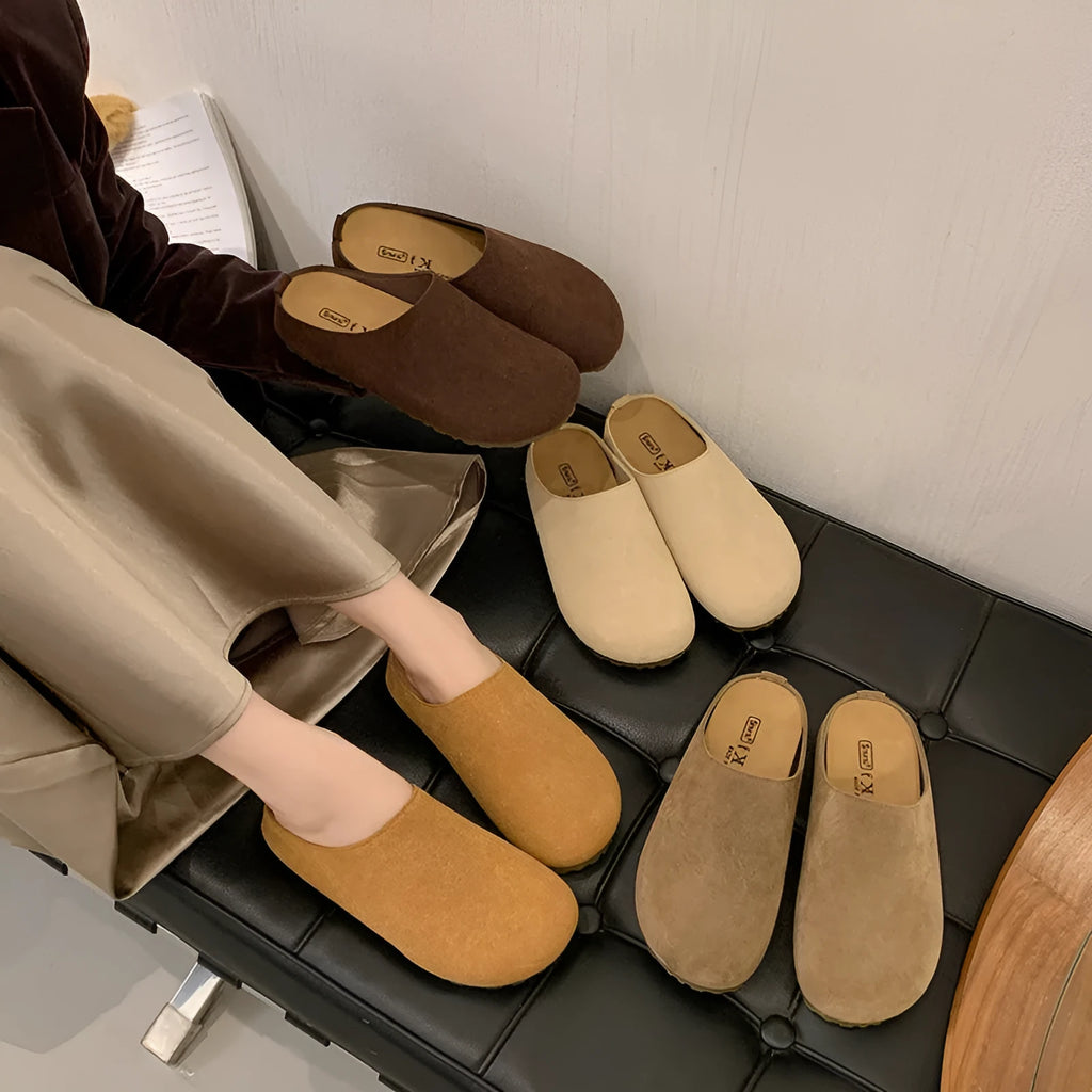 Microfiber outdoor slip-on slippers with square toe design in apricot colour