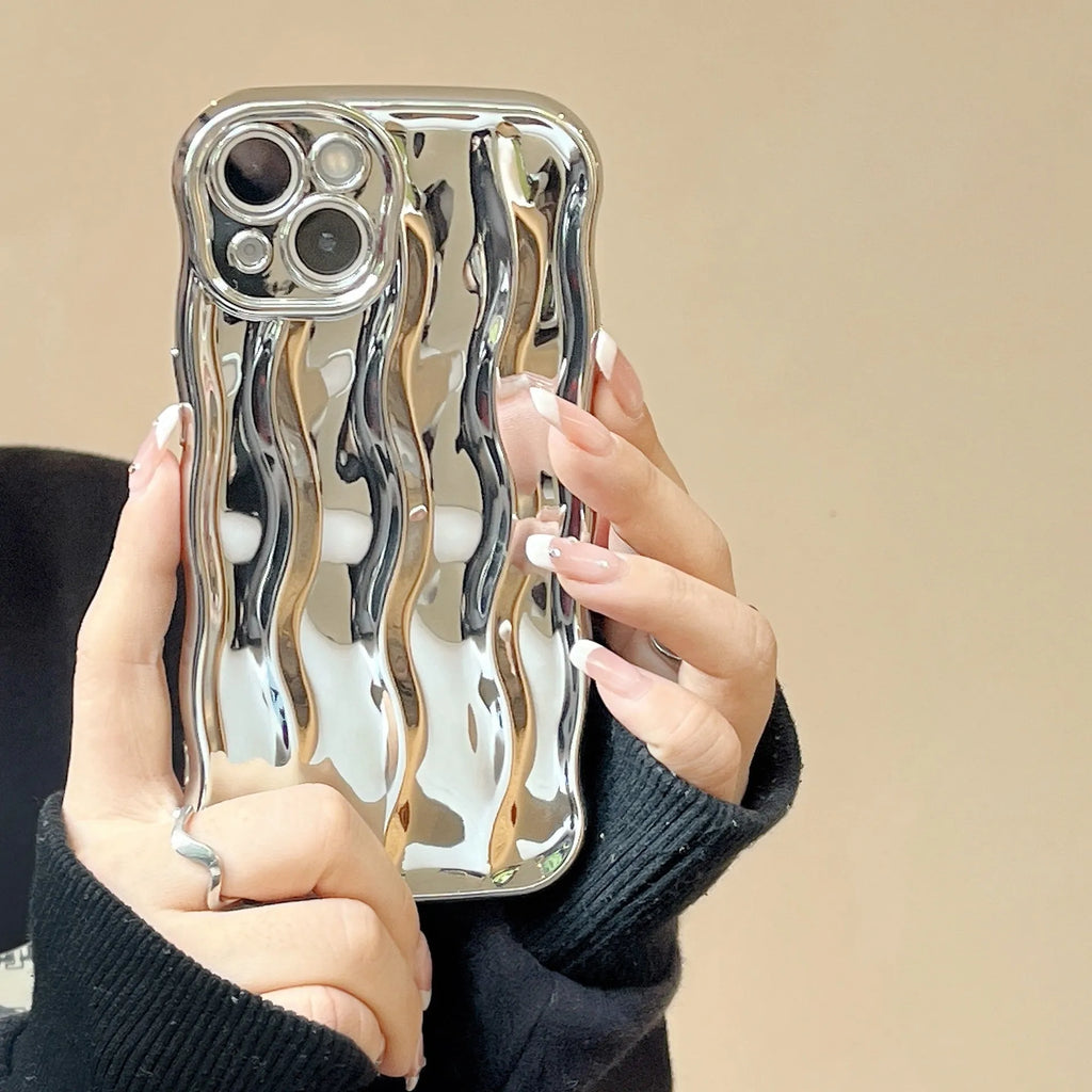 Electroplating three-dimensional wave stripe iPhone 17 protective case in silver plated colour showing back design