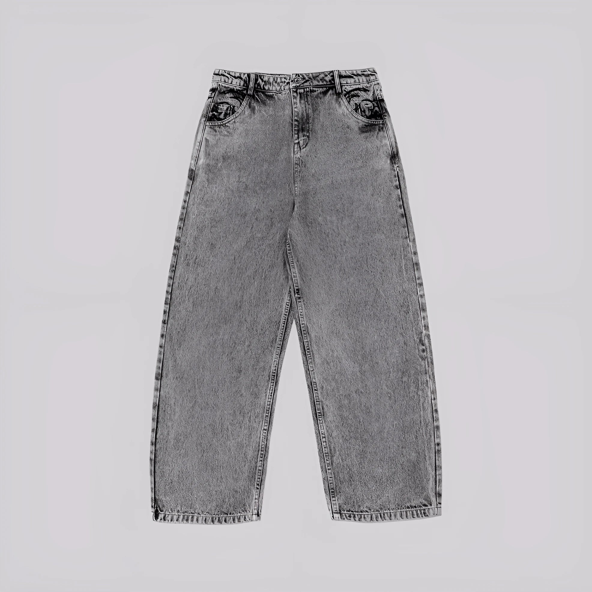 Grey loose straight-leg denim trousers showing mid-waist design on mannequin