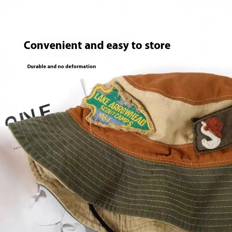 Women's army green cotton fisherman hat with flat crown and patchwork details