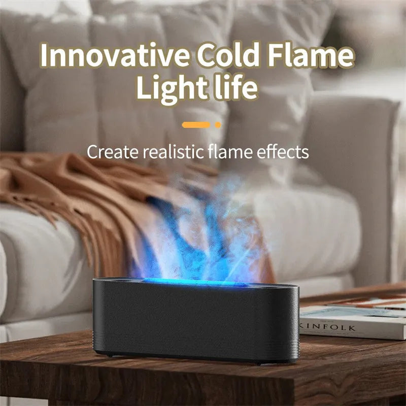Black Flame Air Ultrasonic Humidifier emitting cool mist with a multi-colour LED flame light effect on a wooden table.
