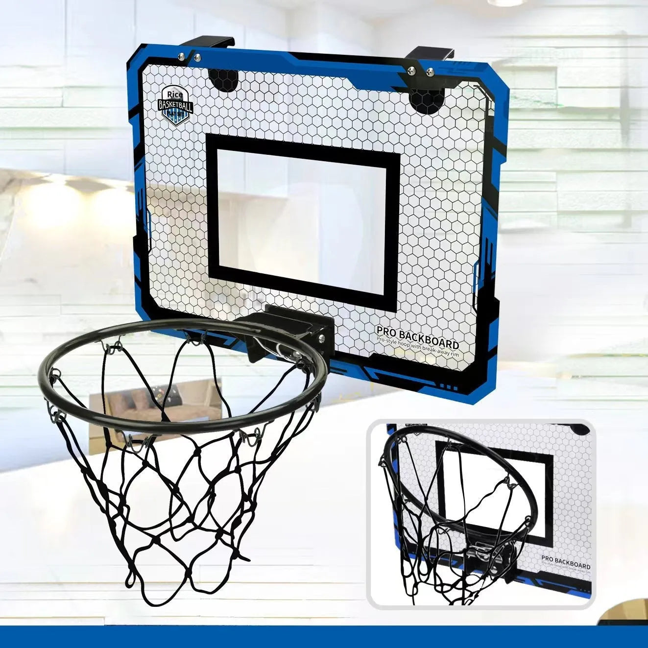 Folding basketball frame with parallel panels showing dunk scoring function and suction cup mounting