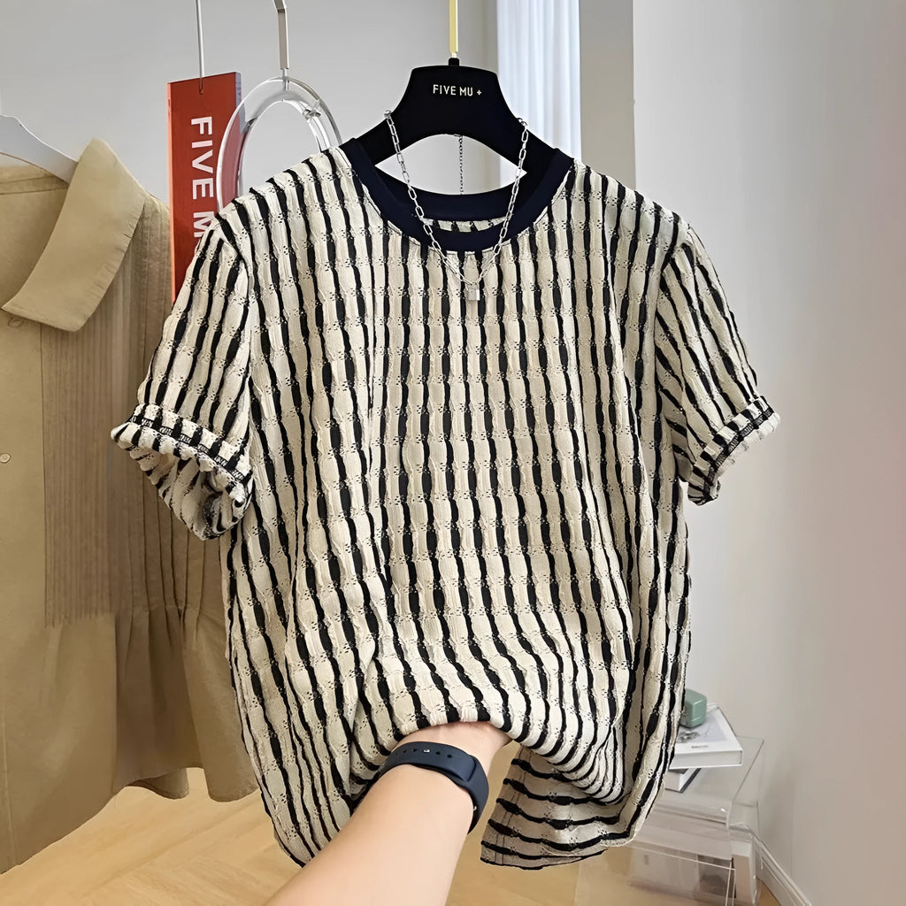 Men's black striped loose short sleeve top in silk and linen blend fabric