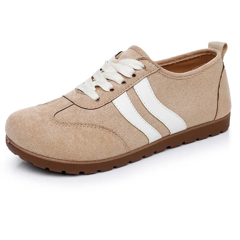Women's vintage canvas sneakers in dark red and khaki with soft rubber soles and round toe design