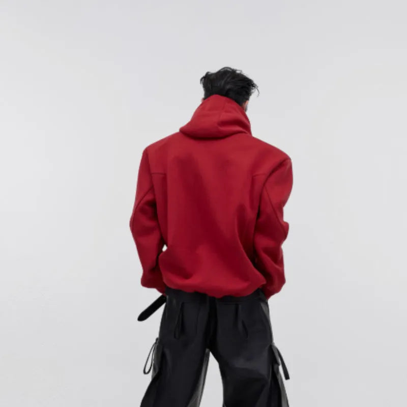 Men's loose hooded sweater with heavy shoulder pads and metal three-dimensional printing design in red colour