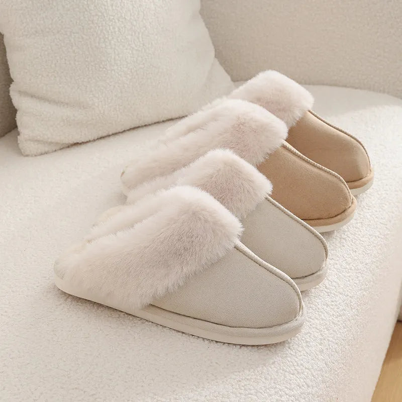 Women's brown plush indoor slippers with round toe, flat heel, and textured non-slip sole.