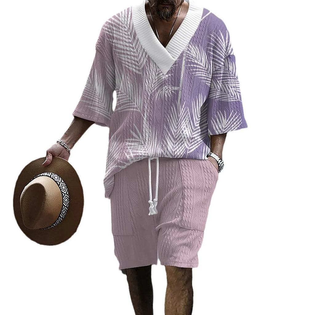Men's knitted short-sleeved shorts suit in drop-shoulder design with matching printed shorts