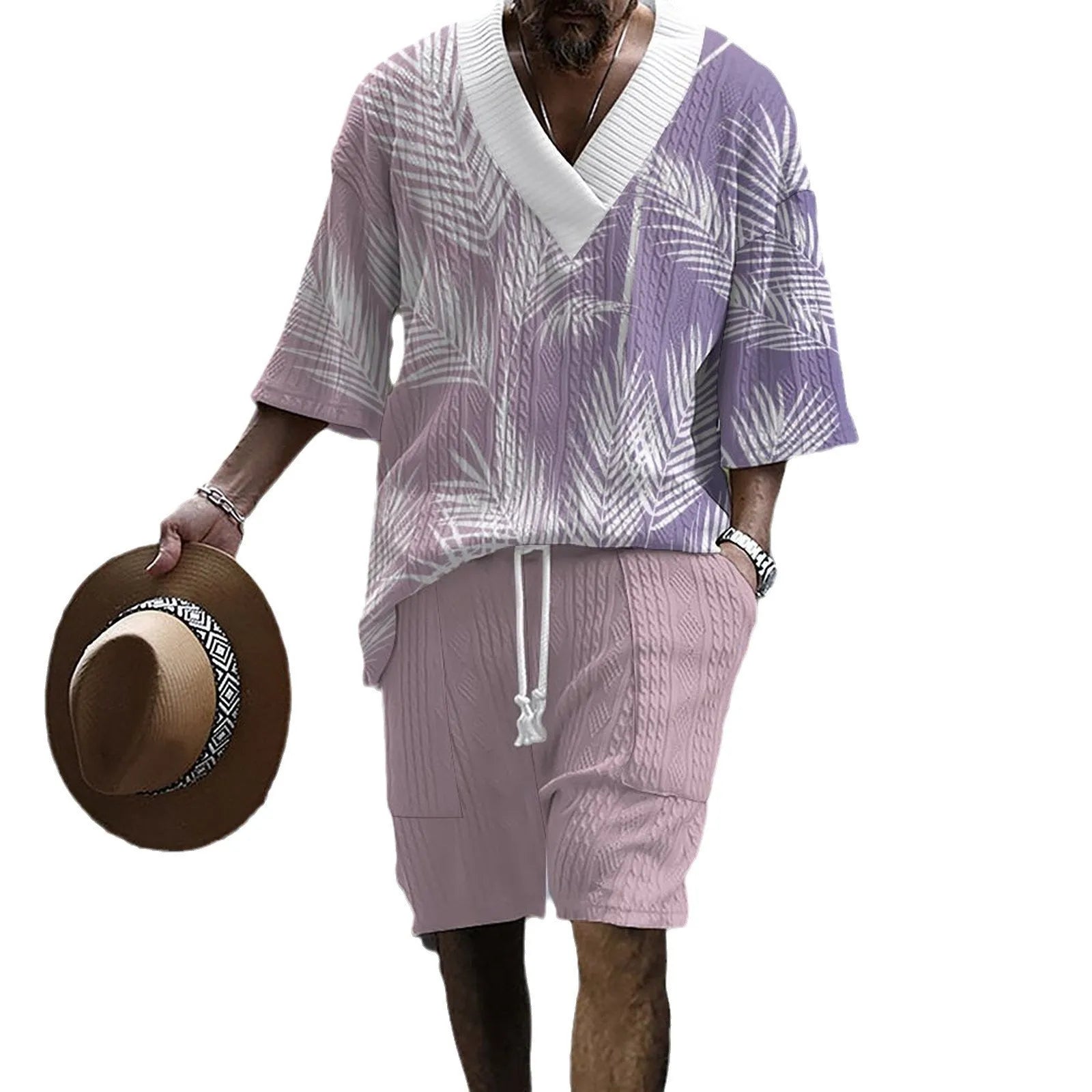 Men's knitted short-sleeved shorts suit in drop-shoulder design with matching printed shorts