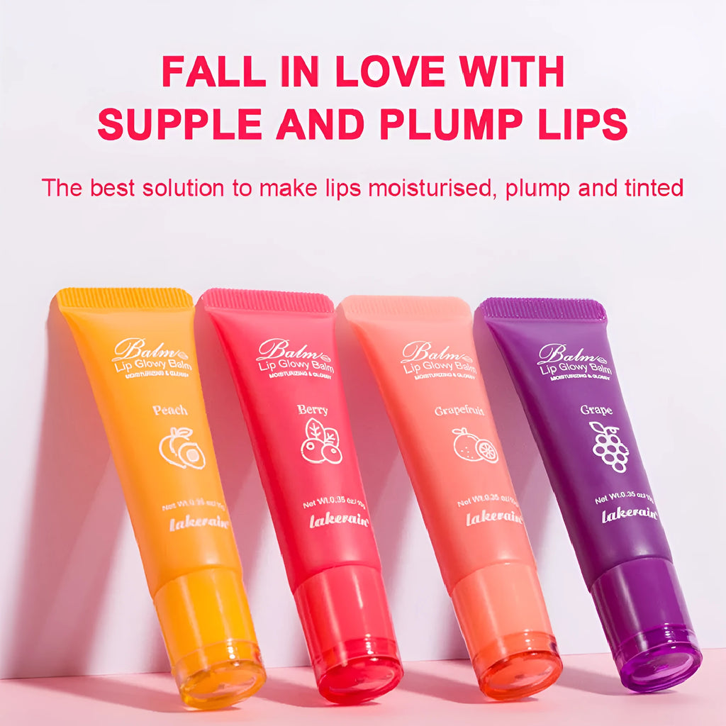 Women's lip gloss in berry, grape, grapefruit and yellow peach fruit flavours.