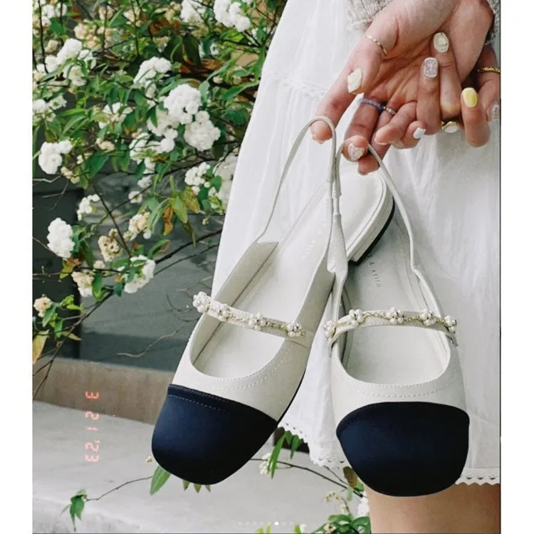 New flower square head elastic band shallow mouth flat bottom fashion shoes for women in beige with patent leather upper and rubber sole