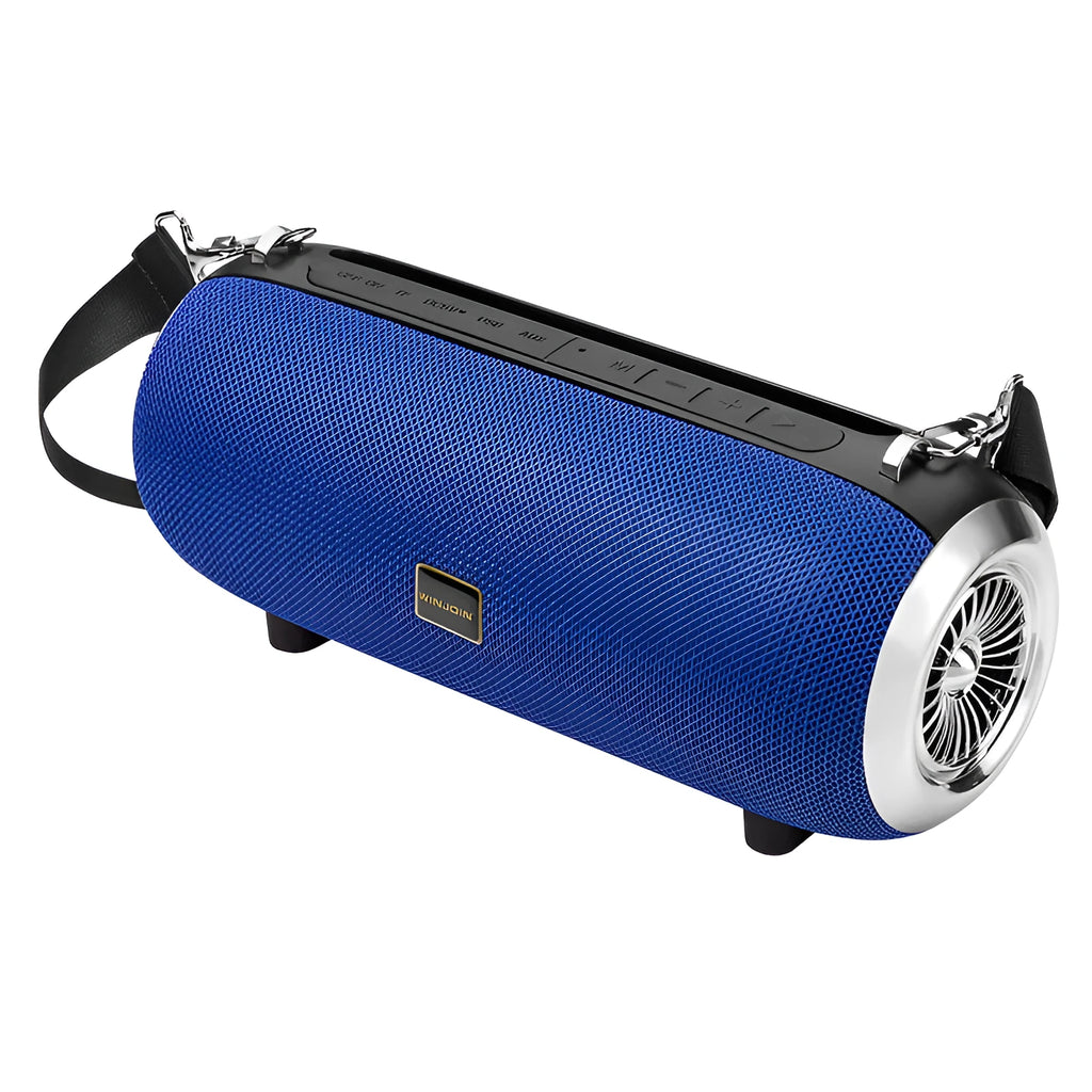 F666 mini portable Bluetooth speaker in fabric finish with shoulder strap, shown in black, blue, camouflage, or red.