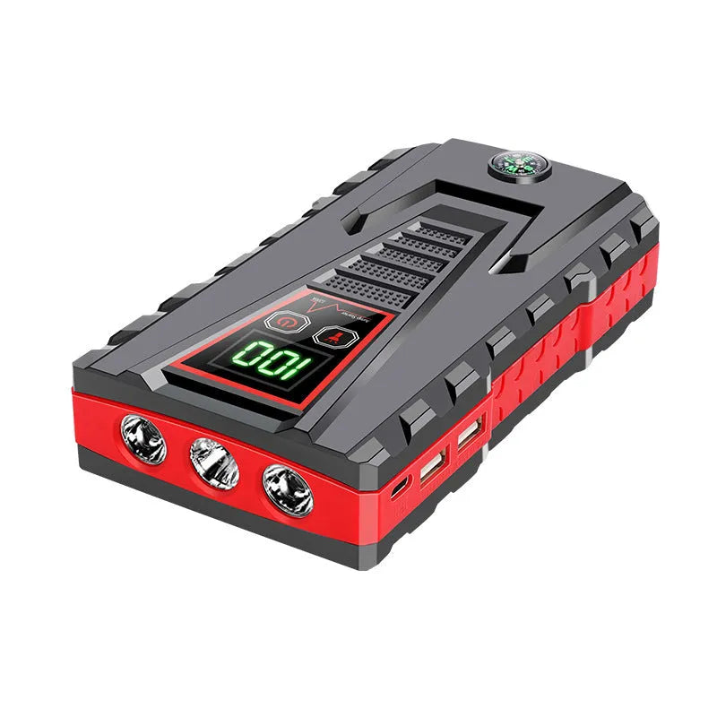 Black toolbox-style emergency jump starter with LCD display and battery clamp