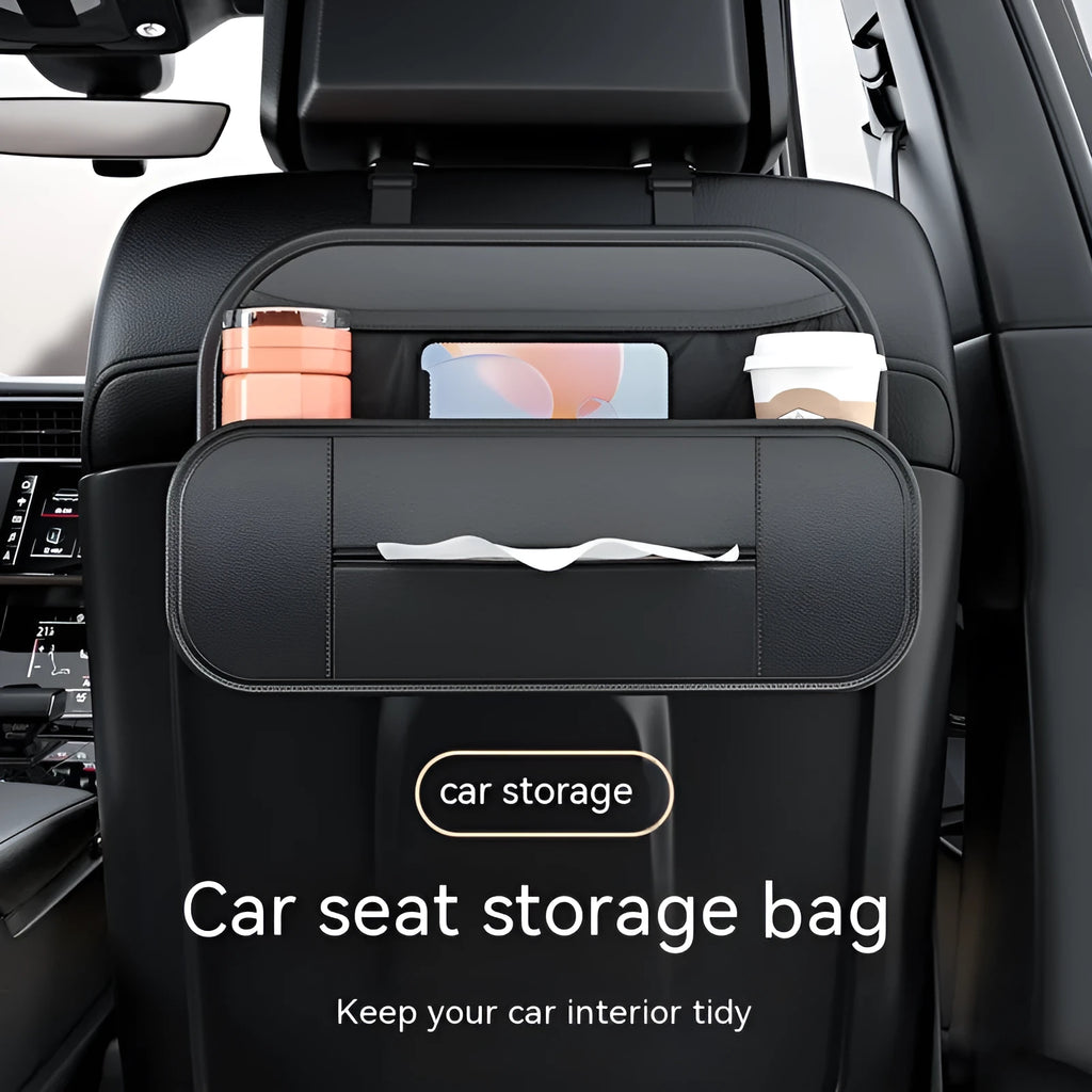Black leather car seat rear storage bag showing dimensions and customisable pockets.