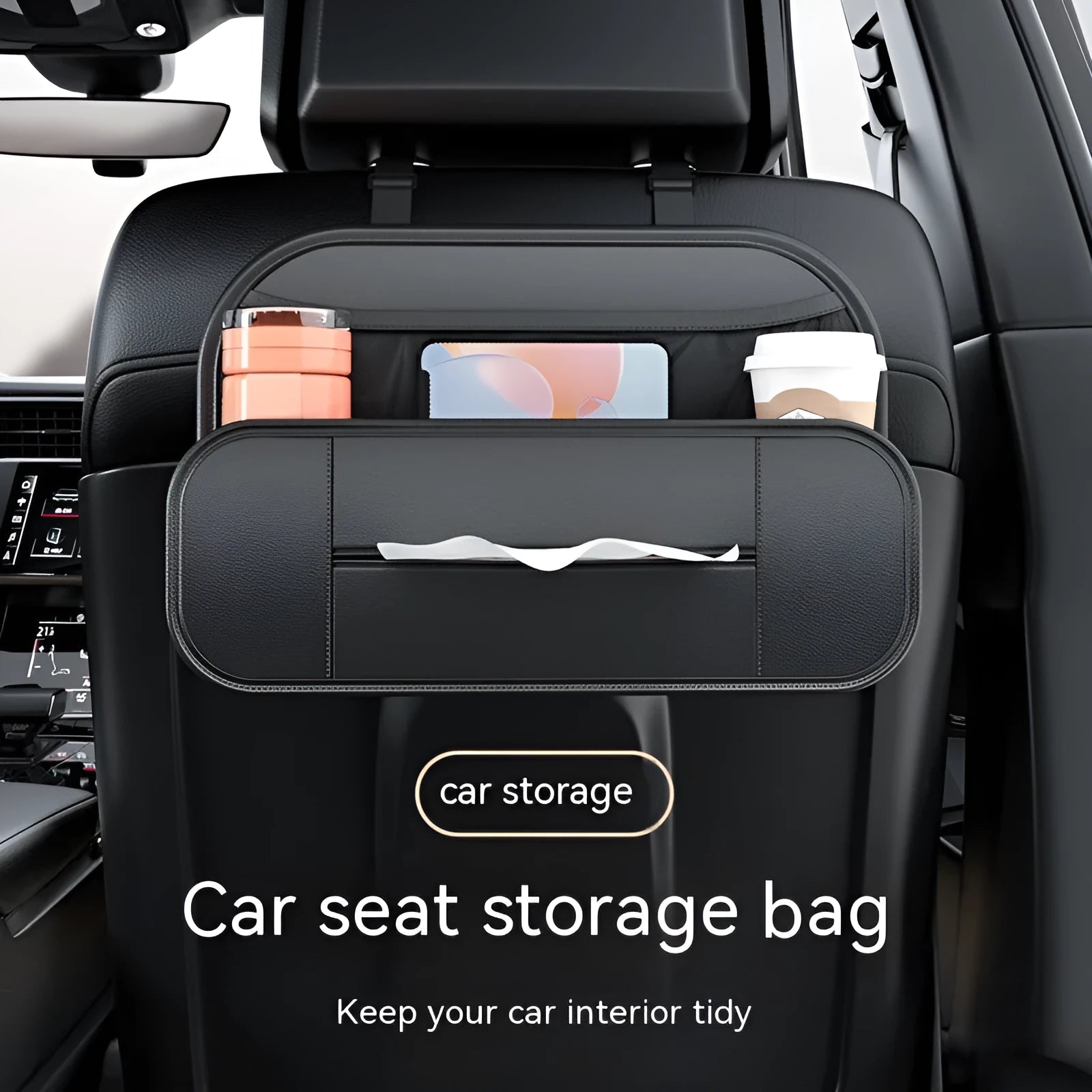 Black leather car seat rear storage bag showing dimensions and customisable pockets.