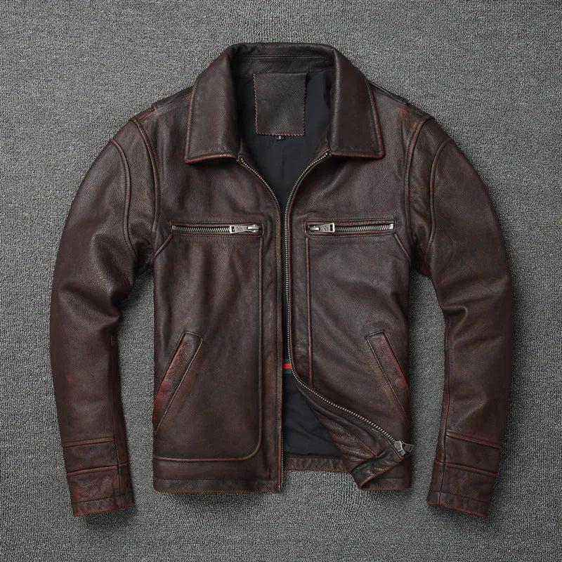 Men's short motorcycle coat in reddish brown genuine cowhide leather with stonewashed distressed finish