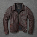 Men's short motorcycle coat in reddish brown genuine cowhide leather with stonewashed distressed finish